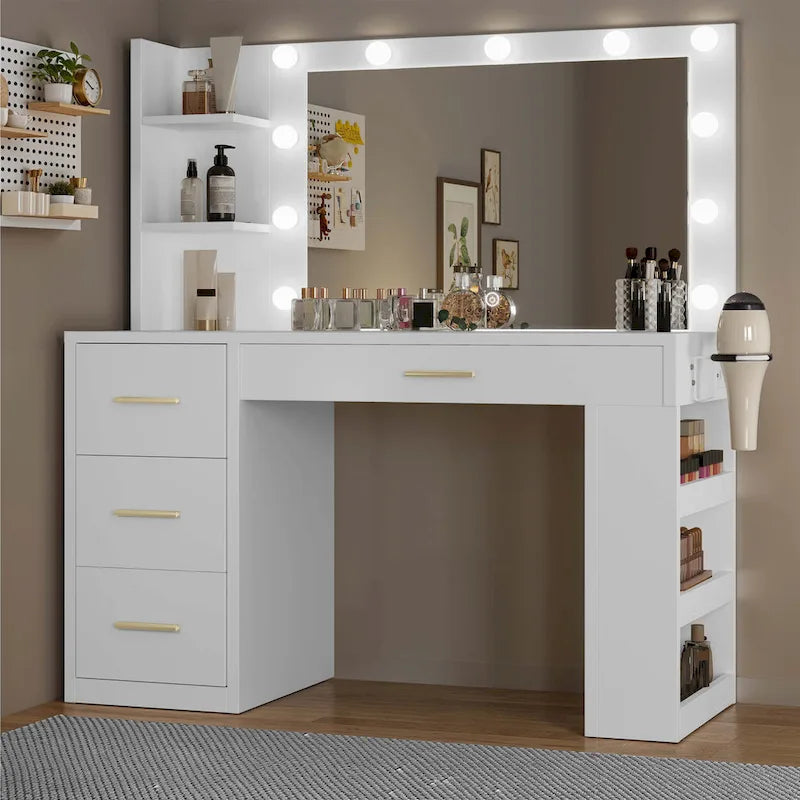 Coiffeuse de chambre à coucher de 39,5 po de largeur avec miroir, prises de courant et support pour sèche-cheveux