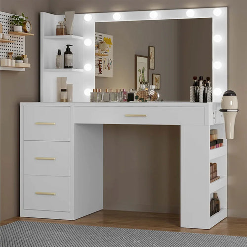 Coiffeuse de chambre à coucher de 39,5 po de largeur avec miroir, prises de courant et support pour sèche-cheveux