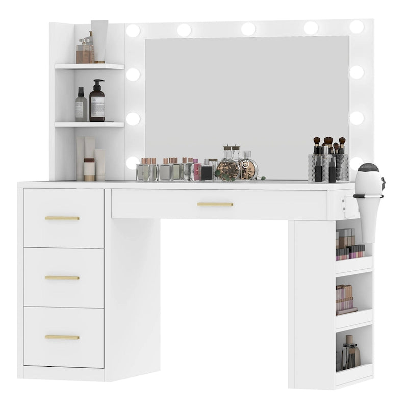 Coiffeuse de chambre à coucher de 39,5 po de largeur avec miroir, prises de courant et support pour sèche-cheveux