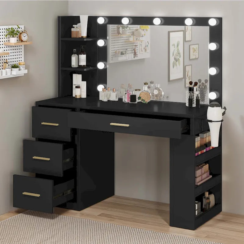 Coiffeuse de chambre à coucher de 39,5 po de largeur avec miroir, prises de courant et support pour sèche-cheveux