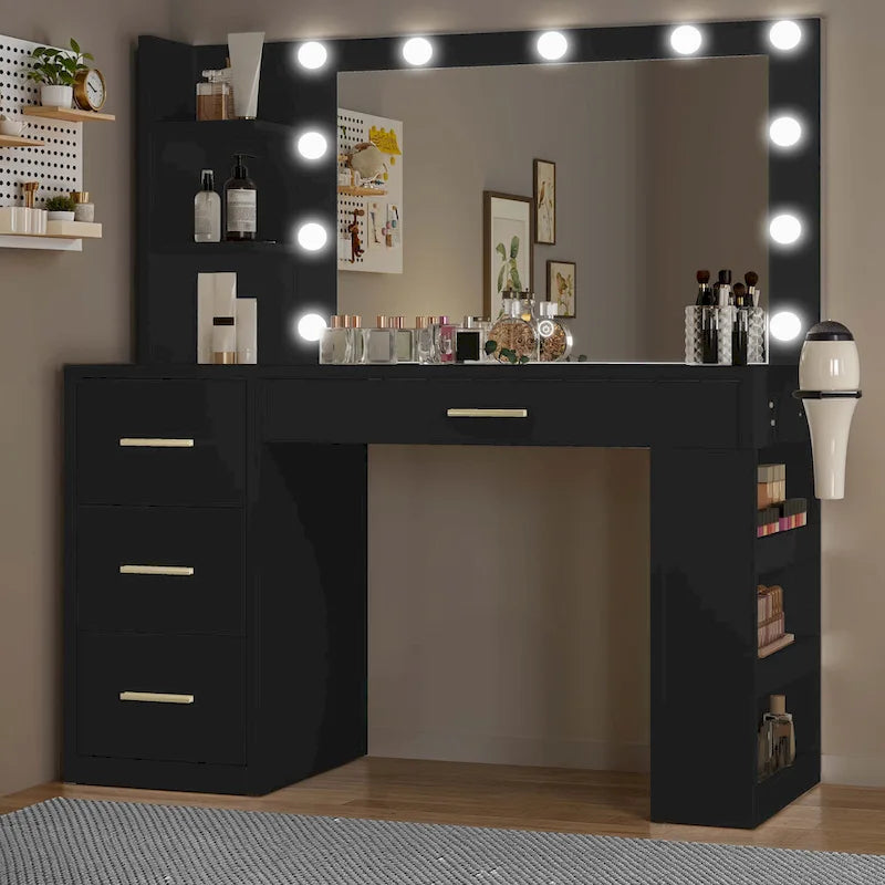 Coiffeuse de chambre à coucher de 39,5 po de largeur avec miroir, prises de courant et support pour sèche-cheveux