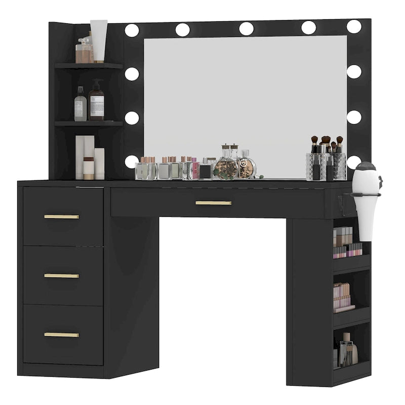 Coiffeuse de chambre à coucher de 39,5 po de largeur avec miroir, prises de courant et support pour sèche-cheveux