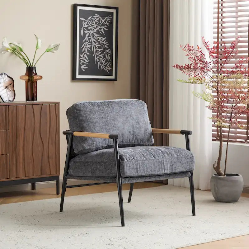Fauteuil d'appoint moderne avec coussins moelleux, cadre métallique minimaliste et accoudoirs en bois