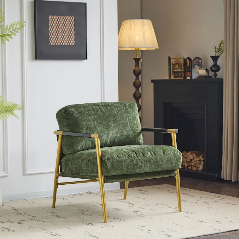 Fauteuil d'appoint moderne avec coussins moelleux, cadre métallique minimaliste et accoudoirs en bois