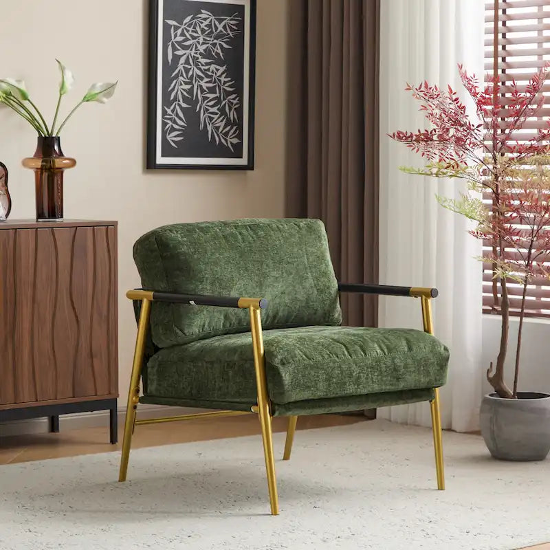 Fauteuil d'appoint moderne avec coussins moelleux, cadre métallique minimaliste et accoudoirs en bois