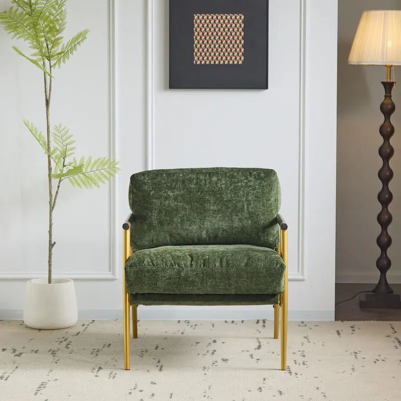 Fauteuil d'appoint moderne avec coussins moelleux, cadre métallique minimaliste et accoudoirs en bois