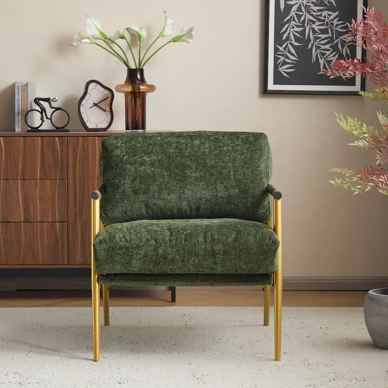 Fauteuil d'appoint moderne avec coussins moelleux, cadre métallique minimaliste et accoudoirs en bois