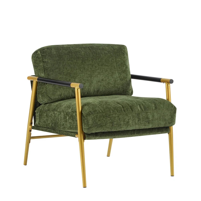 Fauteuil d'appoint moderne avec coussins moelleux, cadre métallique minimaliste et accoudoirs en bois