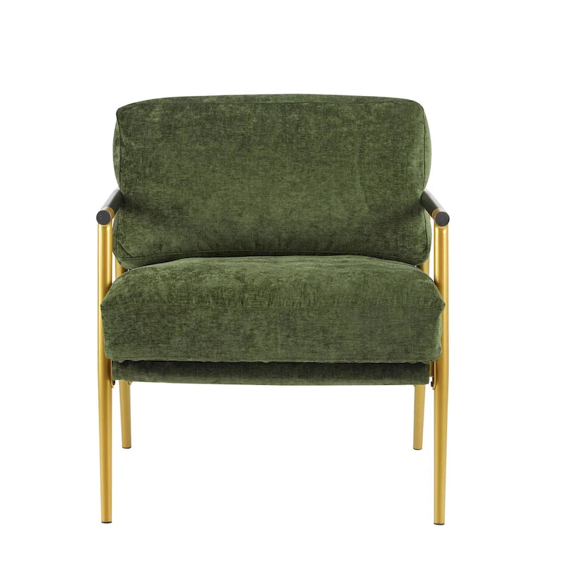 Fauteuil d'appoint moderne avec coussins moelleux, cadre métallique minimaliste et accoudoirs en bois