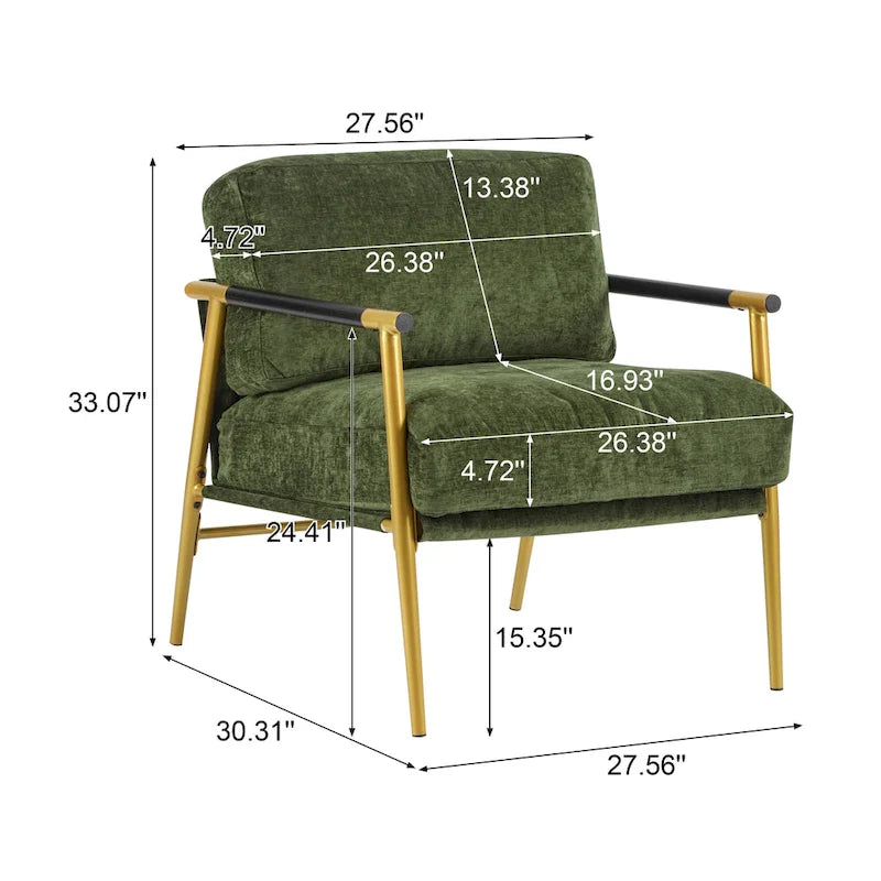 Fauteuil d'appoint moderne avec coussins moelleux, cadre métallique minimaliste et accoudoirs en bois
