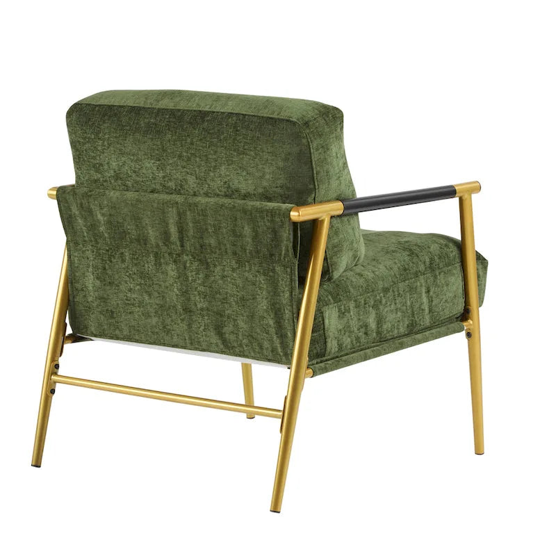 Fauteuil d'appoint moderne avec coussins moelleux, cadre métallique minimaliste et accoudoirs en bois