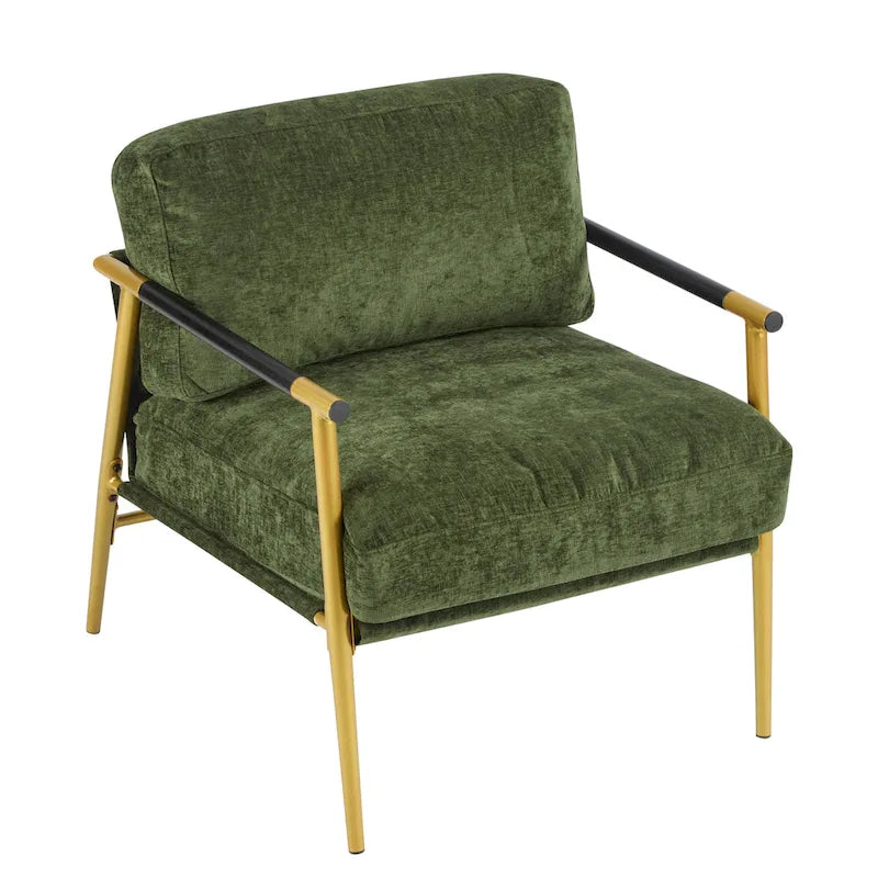 Fauteuil d'appoint moderne avec coussins moelleux, cadre métallique minimaliste et accoudoirs en bois