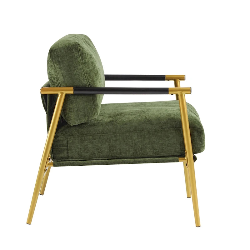 Fauteuil d'appoint moderne avec coussins moelleux, cadre métallique minimaliste et accoudoirs en bois