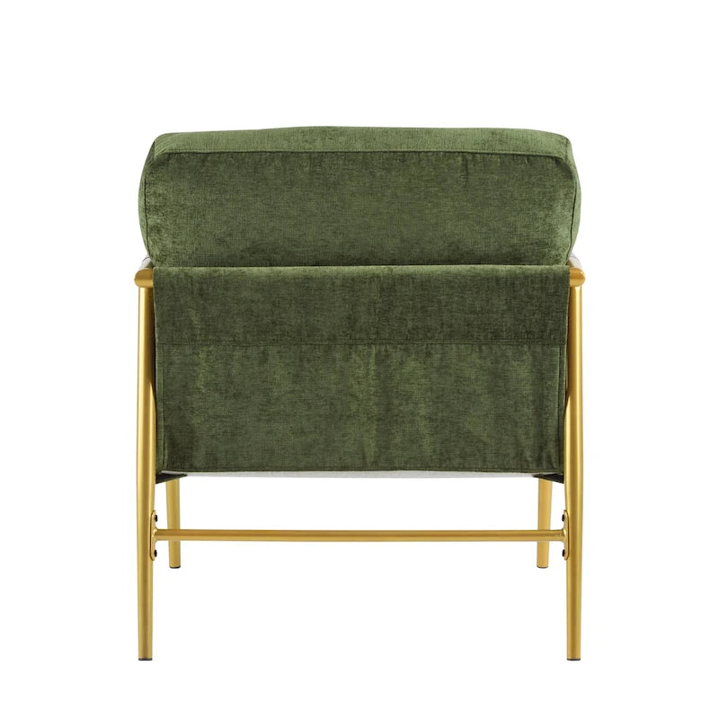 Fauteuil d'appoint moderne avec coussins moelleux, cadre métallique minimaliste et accoudoirs en bois