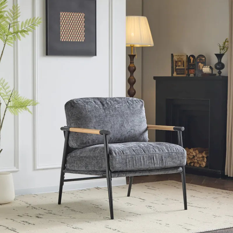 Fauteuil d'appoint moderne avec coussins moelleux, cadre métallique minimaliste et accoudoirs en bois