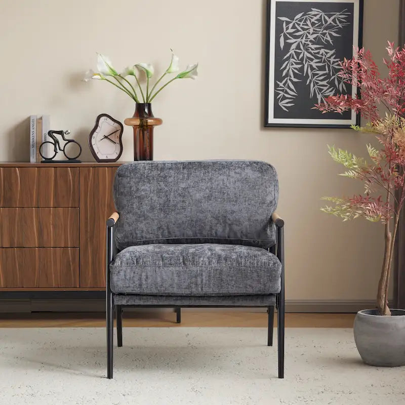 Fauteuil d'appoint moderne avec coussins moelleux, cadre métallique minimaliste et accoudoirs en bois