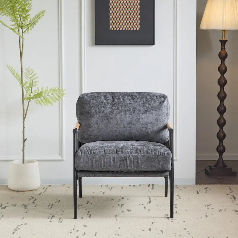 Fauteuil d'appoint moderne avec coussins moelleux, cadre métallique minimaliste et accoudoirs en bois