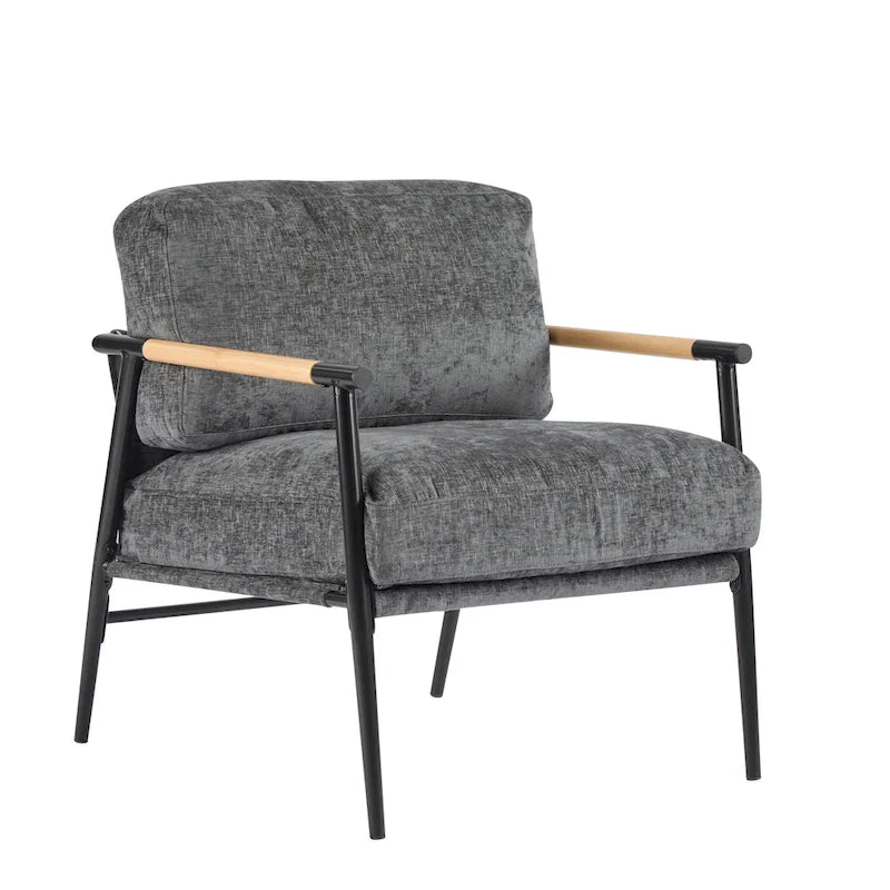 Fauteuil d'appoint moderne avec coussins moelleux, cadre métallique minimaliste et accoudoirs en bois