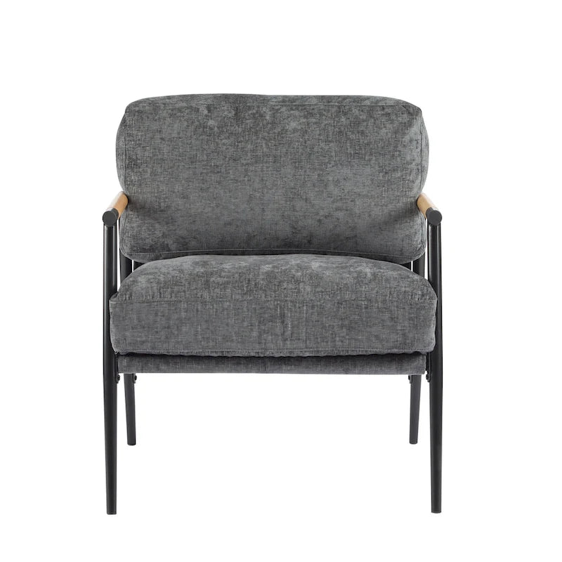 Fauteuil d'appoint moderne avec coussins moelleux, cadre métallique minimaliste et accoudoirs en bois