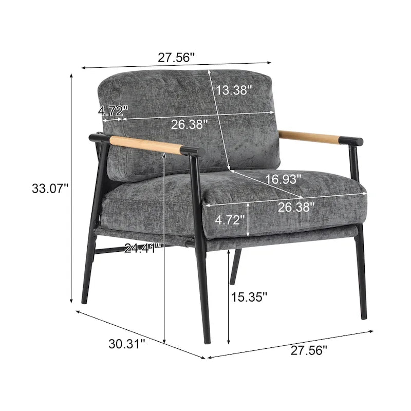 Fauteuil d'appoint moderne avec coussins moelleux, cadre métallique minimaliste et accoudoirs en bois
