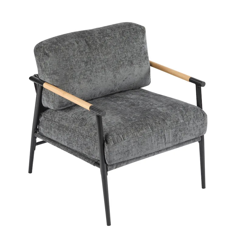 Fauteuil d'appoint moderne avec coussins moelleux, cadre métallique minimaliste et accoudoirs en bois
