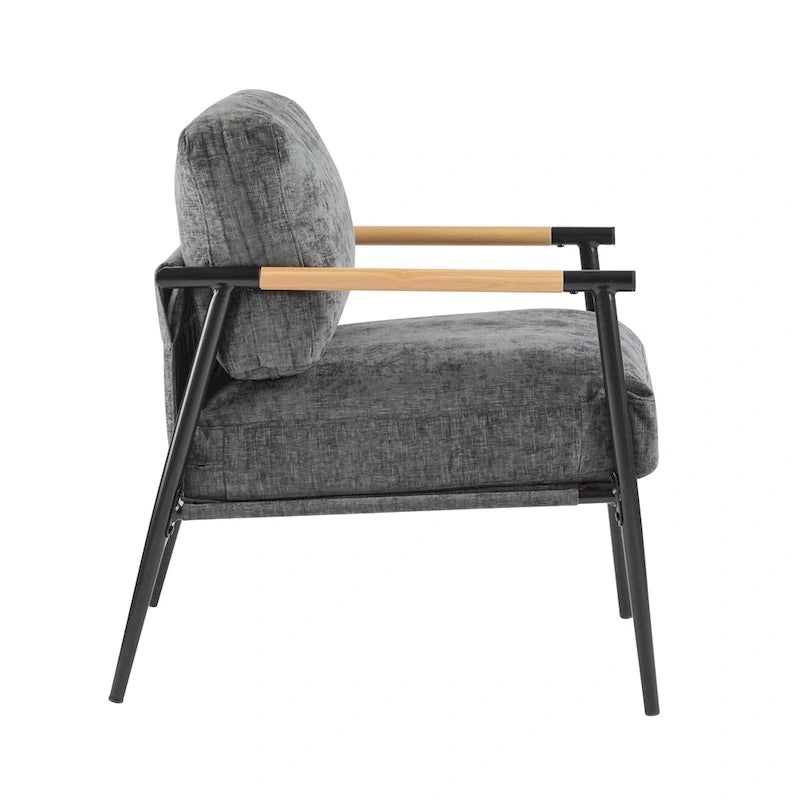 Fauteuil d'appoint moderne avec coussins moelleux, cadre métallique minimaliste et accoudoirs en bois