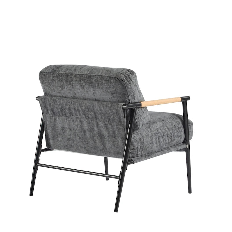 Fauteuil d'appoint moderne avec coussins moelleux, cadre métallique minimaliste et accoudoirs en bois