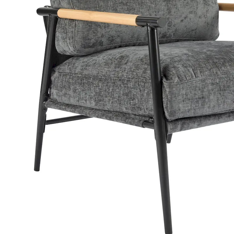 Fauteuil d'appoint moderne avec coussins moelleux, cadre métallique minimaliste et accoudoirs en bois