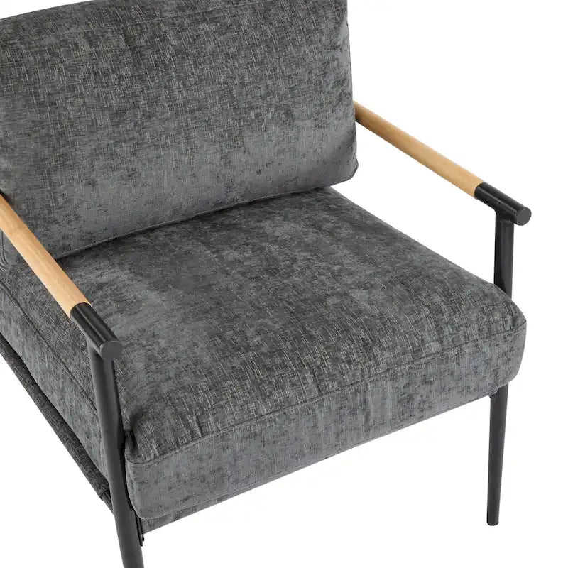 Fauteuil d'appoint moderne avec coussins moelleux, cadre métallique minimaliste et accoudoirs en bois