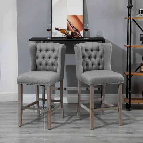 HOMCOM 2 Piece Counter Height Barstools Kitchen Breakfast Stools with Nailhead-Trim and Tufted Back, Solid Wood Legs