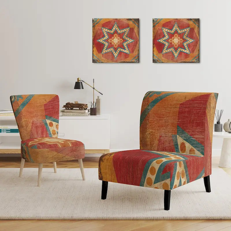 Chaise d'appoint bohème chic rembourrée - Collage de carreaux marocains oranges - Fauteuil