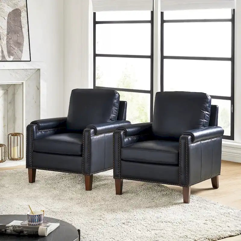 Fauteuil en cuir véritable de transition avec coussin amovible et garnitures cloutées – lot de 2
