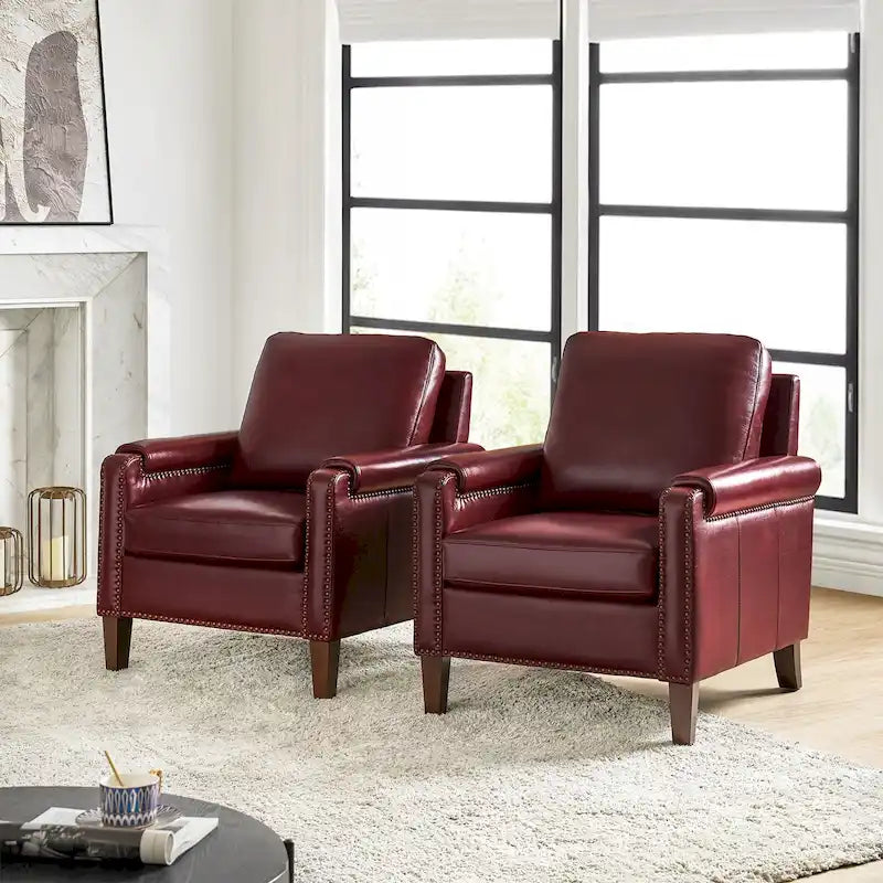 Fauteuil en cuir véritable de transition avec coussin amovible et garnitures cloutées – lot de 2
