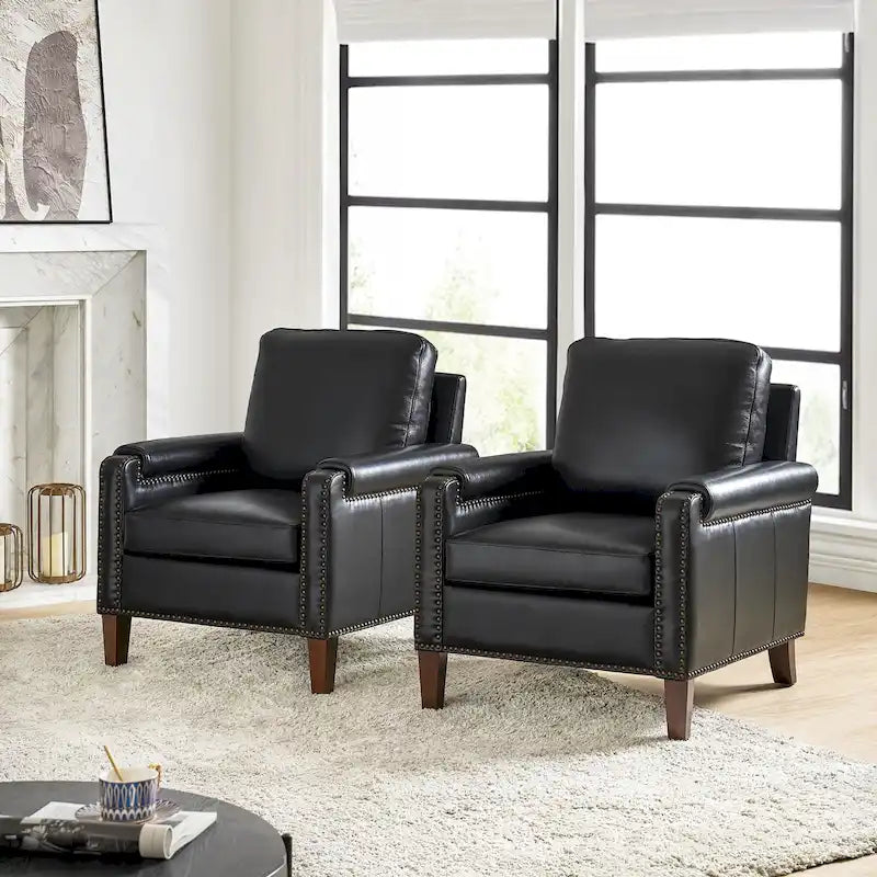 Fauteuil en cuir véritable de transition avec coussin amovible et garnitures cloutées – lot de 2