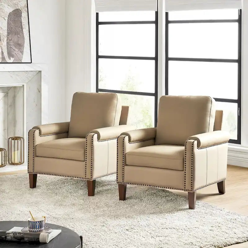 Fauteuil en cuir véritable de transition avec coussin amovible et garnitures cloutées – lot de 2