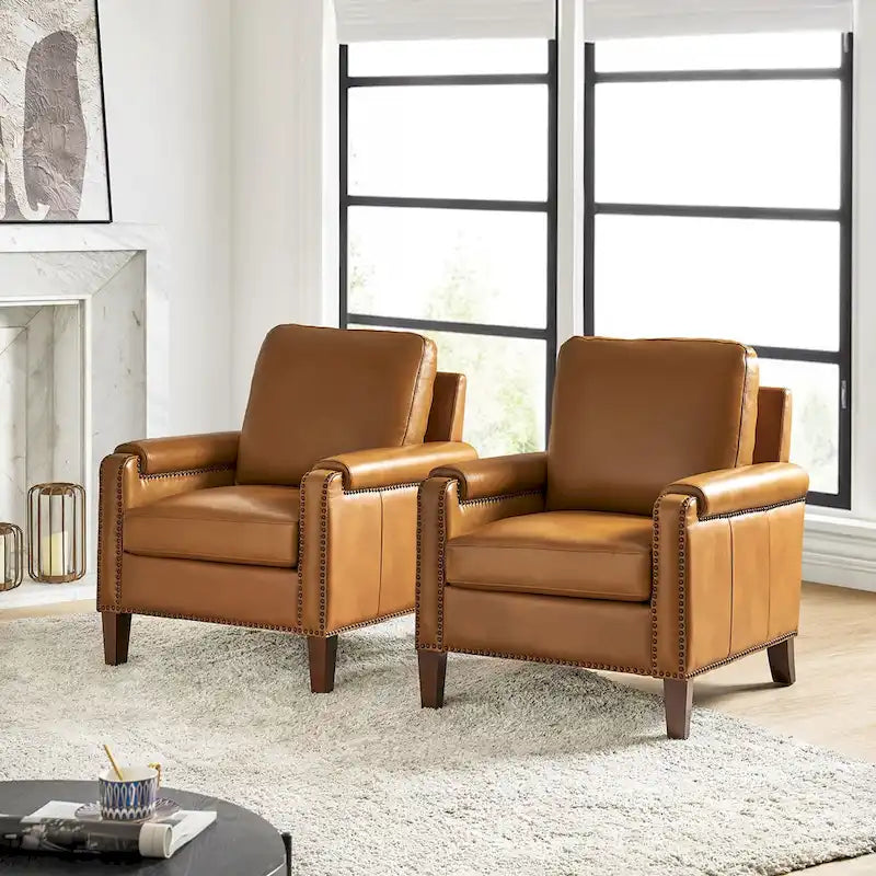 Fauteuil en cuir véritable de transition avec coussin amovible et garnitures cloutées – lot de 2