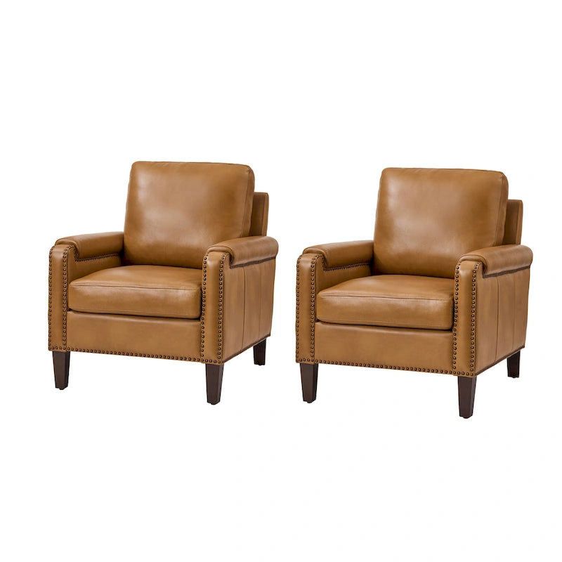 Fauteuil en cuir véritable de transition avec coussin amovible et garnitures cloutées – lot de 2