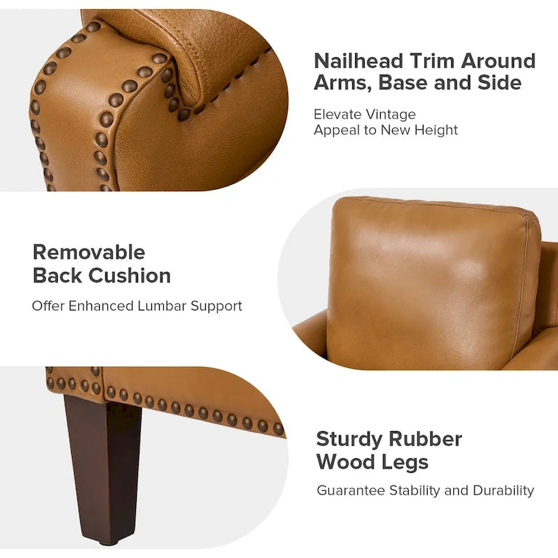 Fauteuil en cuir véritable de transition avec coussin amovible et garnitures cloutées – lot de 2