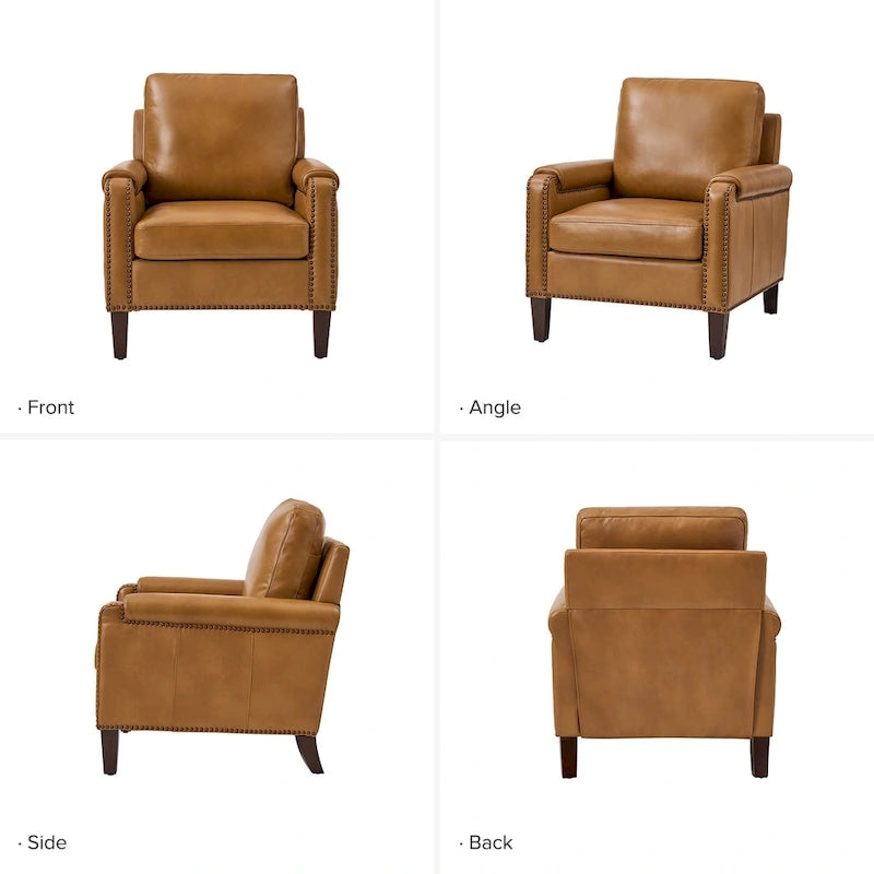 Fauteuil en cuir véritable de transition avec coussin amovible et garnitures cloutées – lot de 2