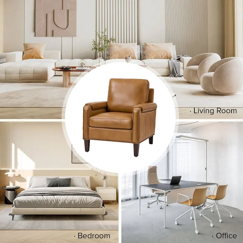 Fauteuil en cuir véritable de transition avec coussin amovible et garnitures cloutées – lot de 2