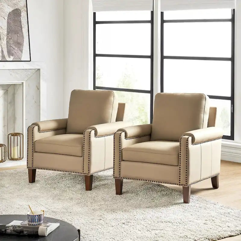 Fauteuil en cuir véritable de transition avec coussin amovible et garnitures cloutées – lot de 2