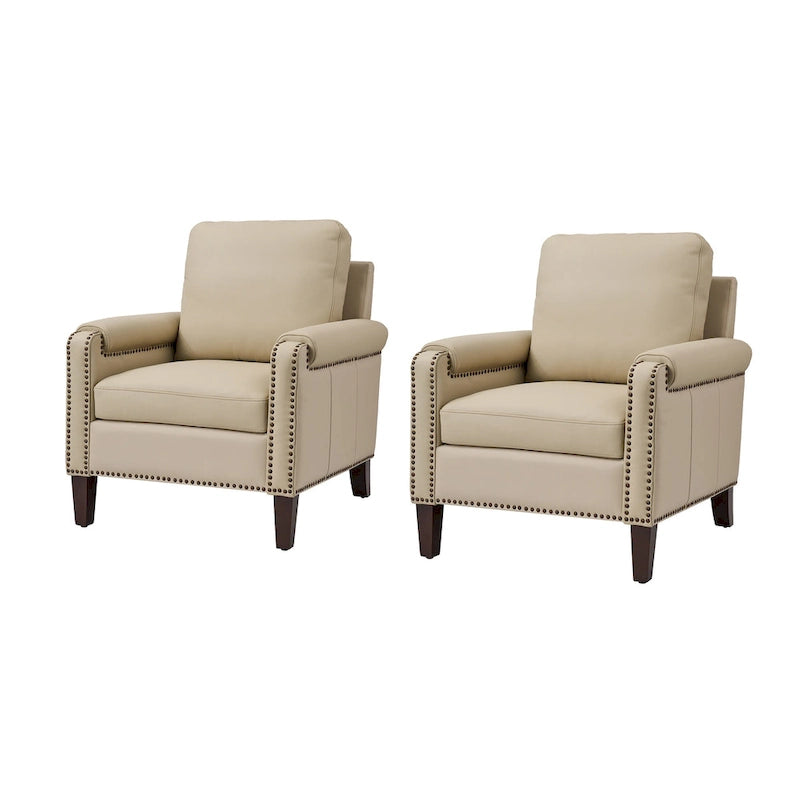 Fauteuil en cuir véritable de transition avec coussin amovible et garnitures cloutées – lot de 2