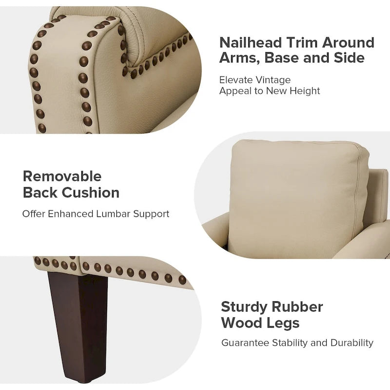 Fauteuil en cuir véritable de transition avec coussin amovible et garnitures cloutées – lot de 2