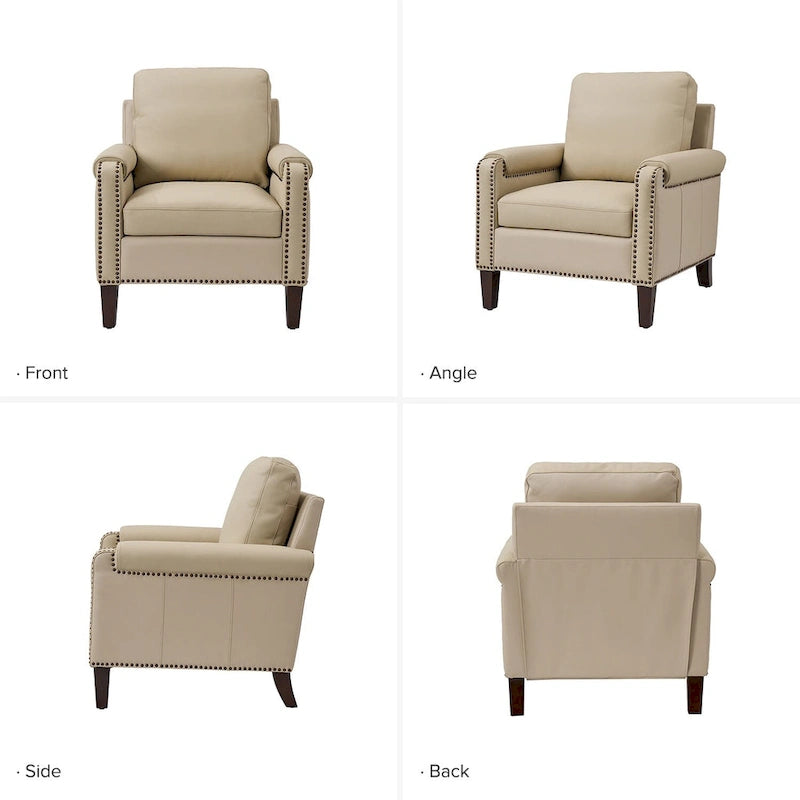 Fauteuil en cuir véritable de transition avec coussin amovible et garnitures cloutées – lot de 2