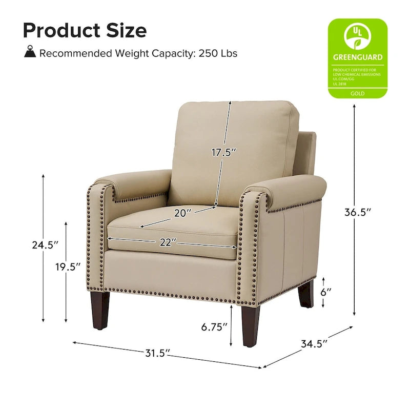 Fauteuil en cuir véritable de transition avec coussin amovible et garnitures cloutées – lot de 2