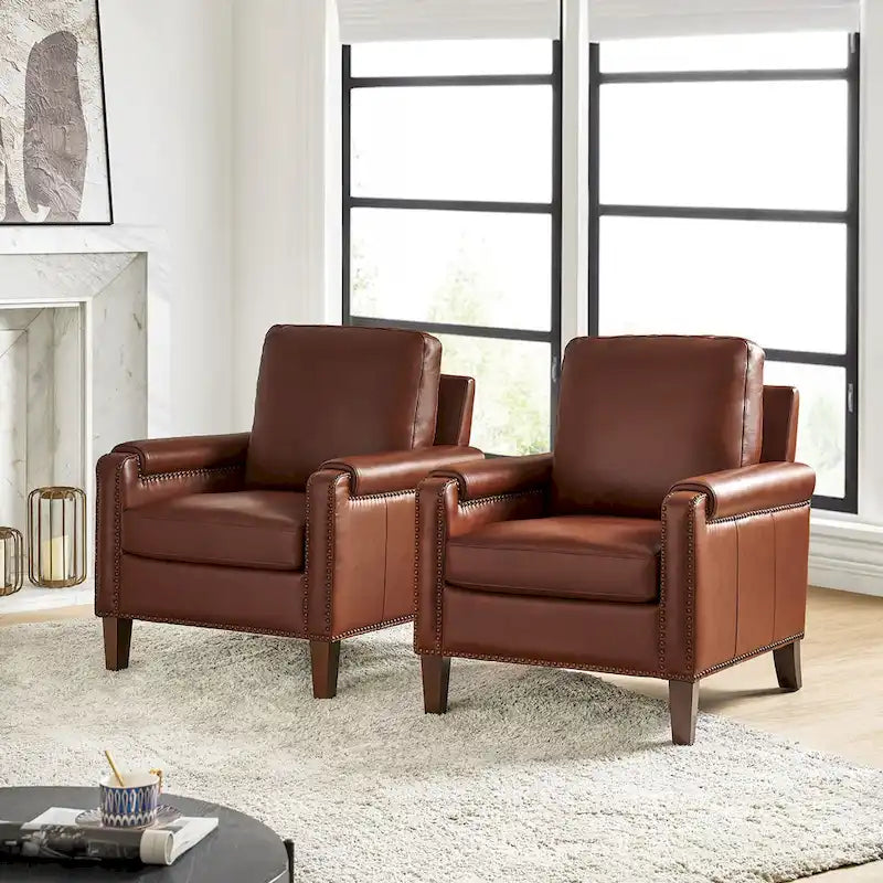 Fauteuil en cuir véritable de transition avec coussin amovible et garnitures cloutées – lot de 2