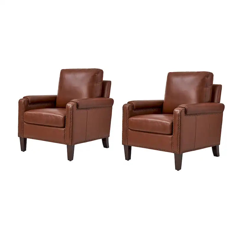 Fauteuil en cuir véritable de transition avec coussin amovible et garnitures cloutées – lot de 2