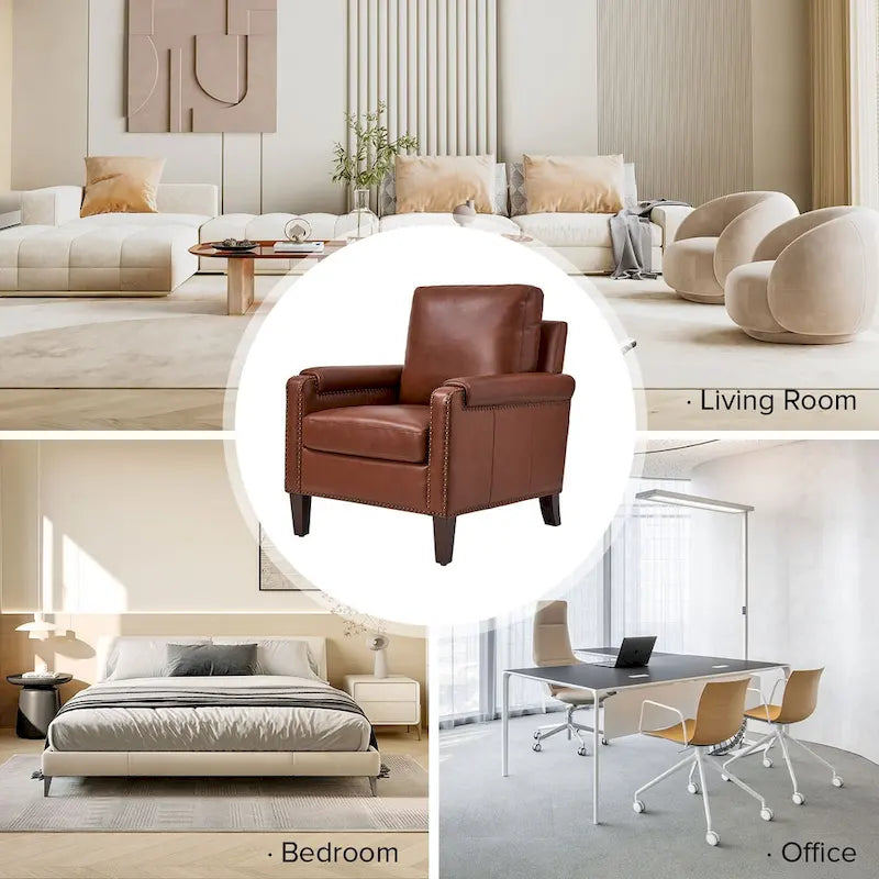 Fauteuil en cuir véritable de transition avec coussin amovible et garnitures cloutées – lot de 2