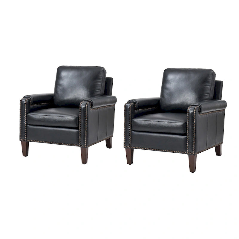 Fauteuil en cuir véritable de transition avec coussin amovible et garnitures cloutées – lot de 2
