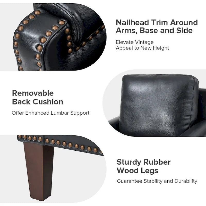 Fauteuil en cuir véritable de transition avec coussin amovible et garnitures cloutées – lot de 2